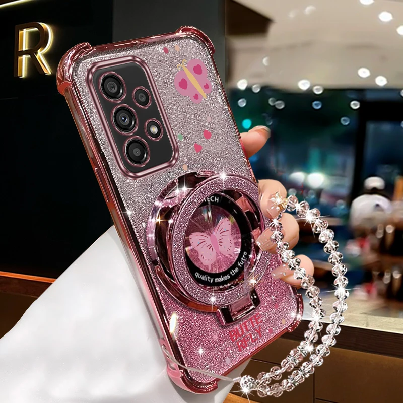A 53 33 73 Crystal Strap Glitter Butterfly Phone Holder Case On For Samsung Galaxy A32 A33 A52 A53 A73 A51 A23 4G 5G Stand Cover
