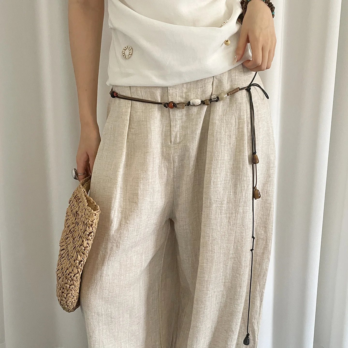 Nova moda contas de madeira artesanal cinto tecido à mão versátil para vestidos jeans e corda de cintura fina feminina