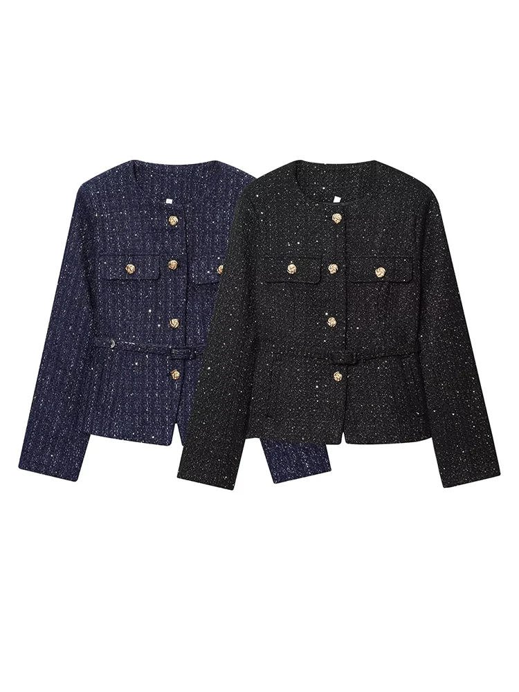 

HH Women 2025 Fashion Simple Versatile Commuter Slub Sequined Jacket Female Round Neck Single-Breasted Belt Solid Slimming Coat