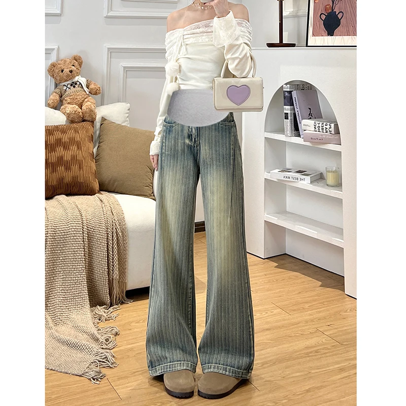 

Amekaji American Vintage Korean Retro Striped Maternity Jeans - Slimming Wide Leg Denim Pants for Pregnant Women