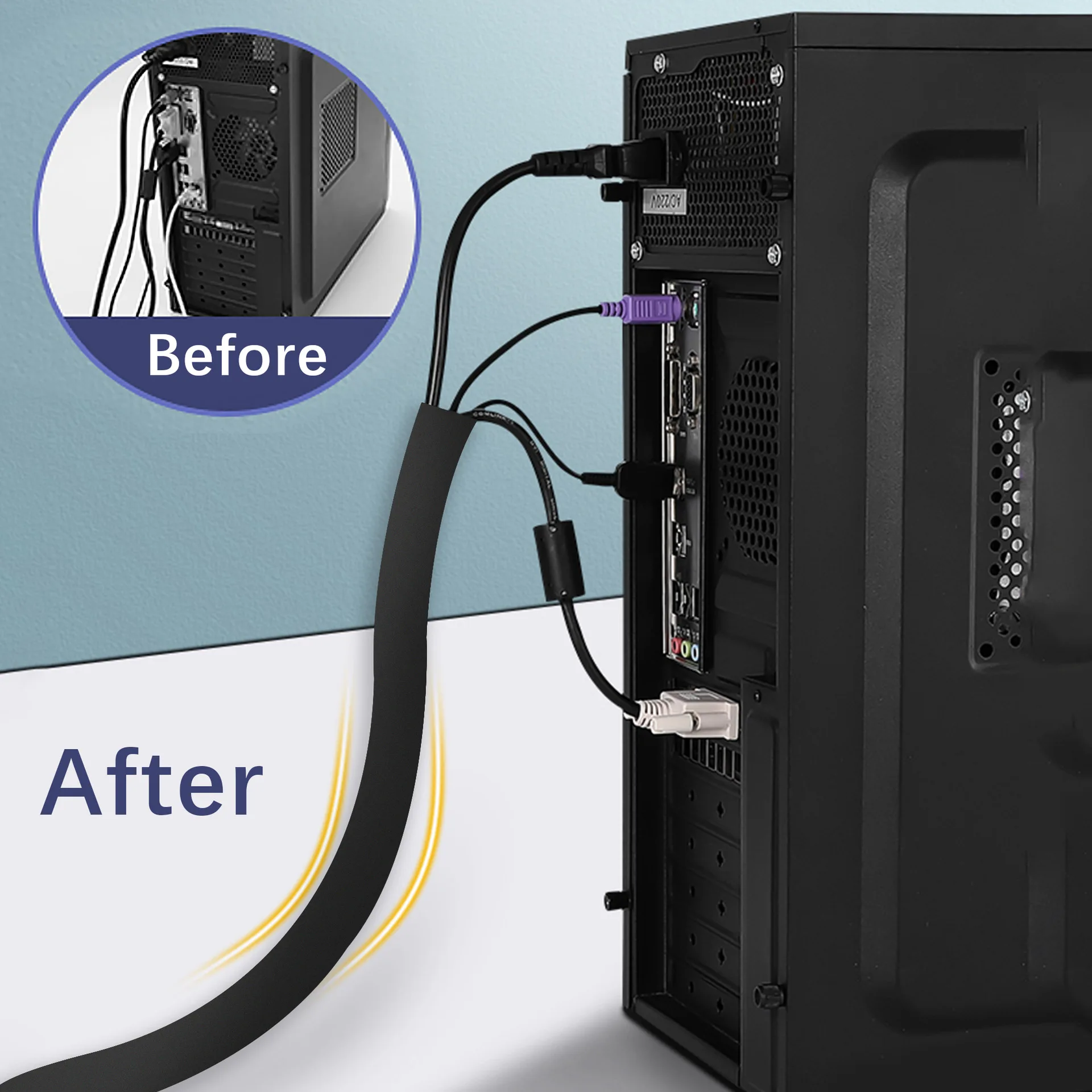 Zipper Cable Sleeve Cord Organizer with Zippers Cables Protector for PC Computer TV Cord Management Wrap Cover Wire Organizers