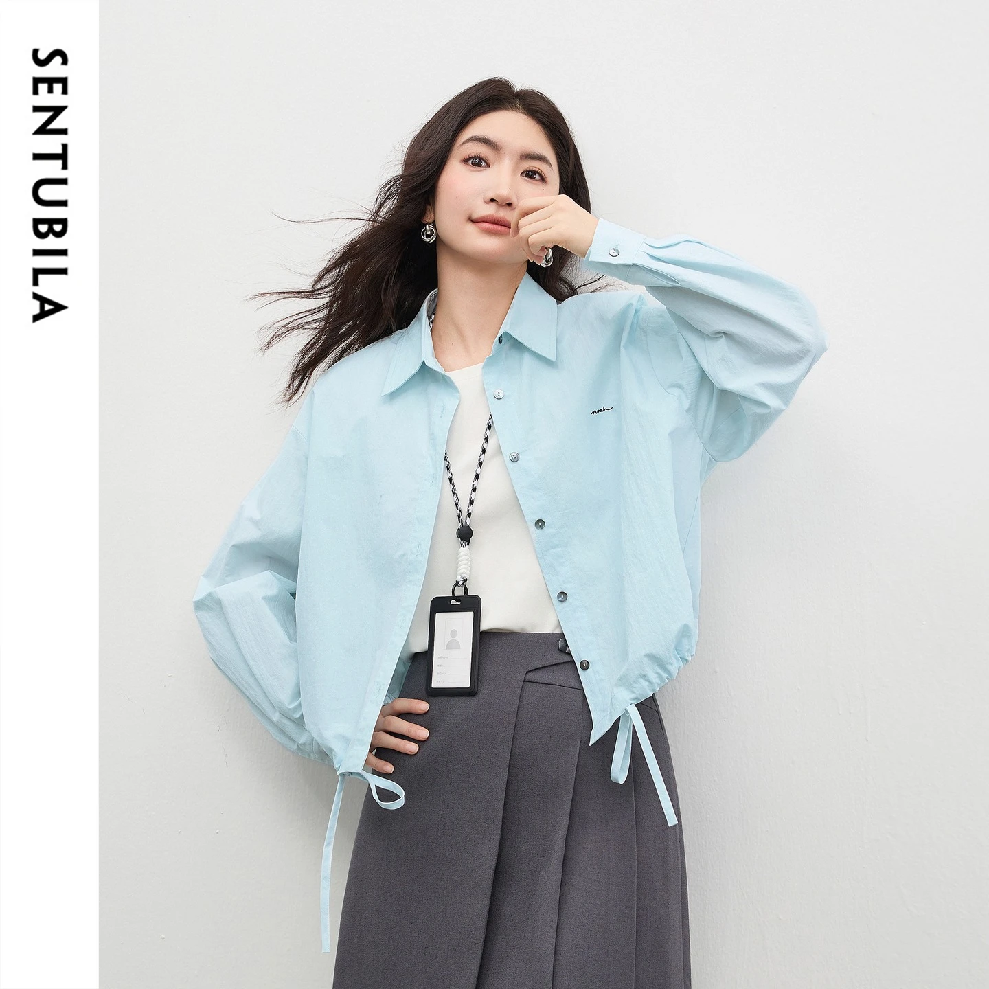 SENTUBILA Oversized Shirt Jacket for Women 2026 Spring Shacket Shell Button Embroidered Letter Drawstring Loose Top W61WF5994