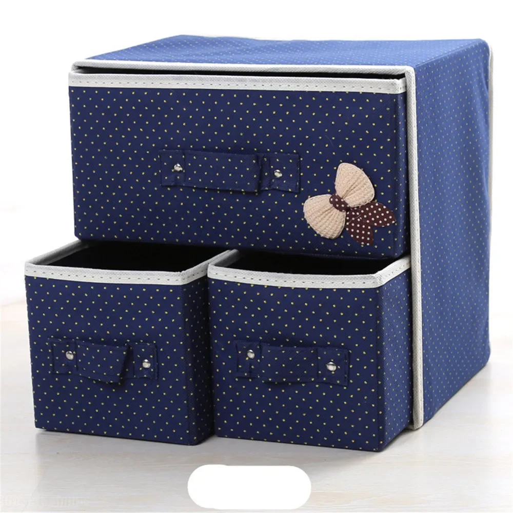 Quality Non-woven Folding Storage Box with 3 Drawers Thickened for Underpants Socks Bras Sundries New High Blue Home