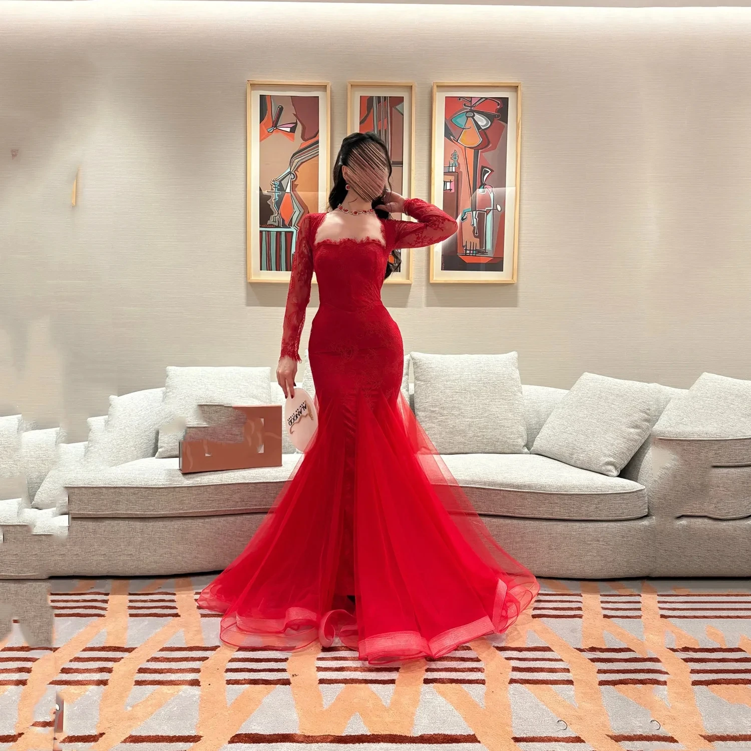 

Red Lace Long Sleeves Bespoke Occasion Gown Evening Dresses Pastrol Unisex Jersey Retro Dubai Saudi Arabic Prom Customized