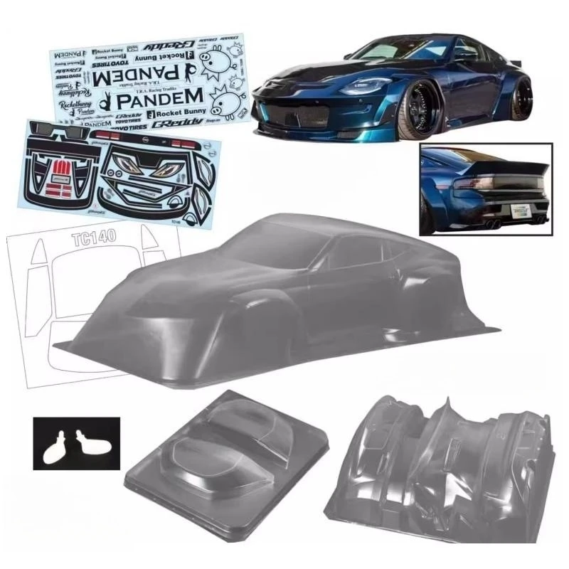 RC Body Shells 1/10 Scale Pandem Fairlady 400Z Clear PC Drift Body W/Light Buckle &Rear Mirrors + Color Sticker Decals set