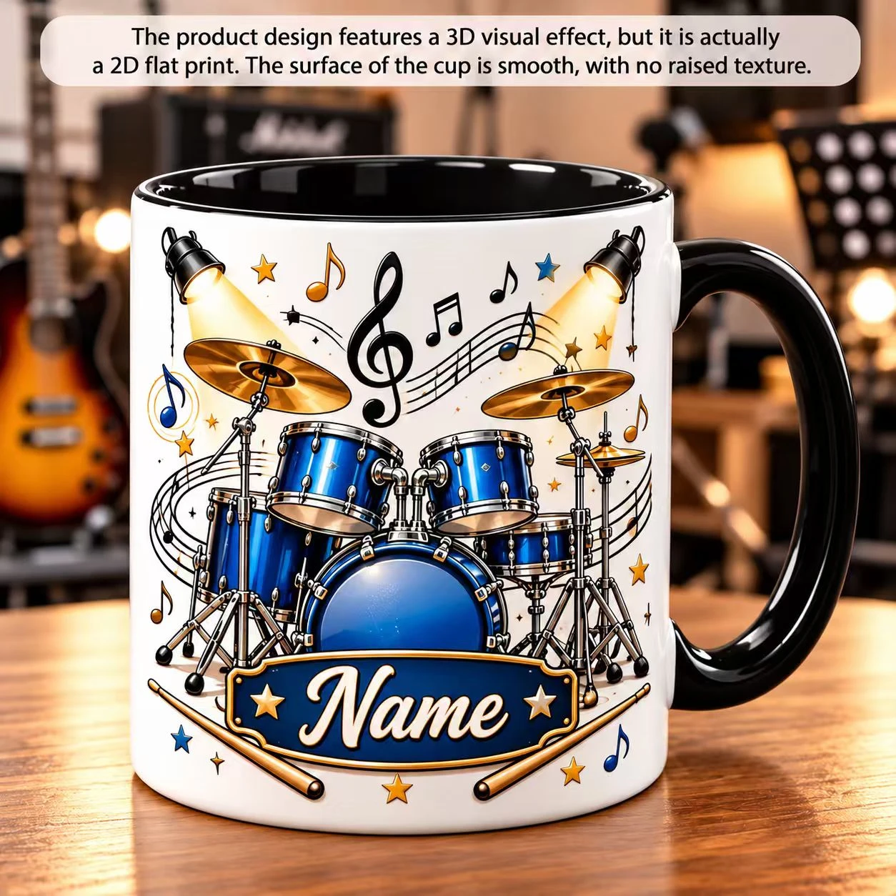 2D Flat Printing 1pc 11oz Custom Name Blue Drum Set Musical Note Stage Mug, Gift For Drum Music Lover, Hand Wash Only Microwave