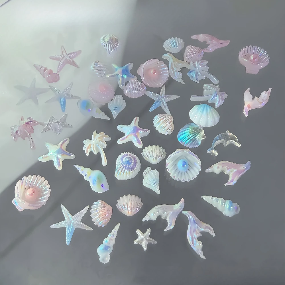 Pearlescent Shell Nail Art Accessories Icy Transparent Aurora Ocean Series Assorted Starfish and Scallop Resin Nail Decorations
