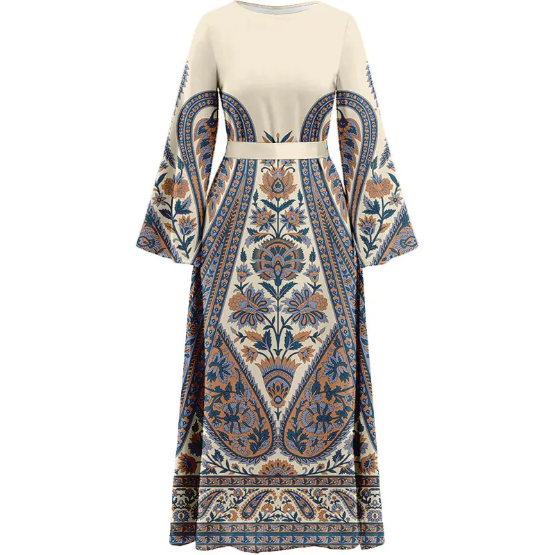 Summer New Vintage Print Dress Arabian Loose Women elegante Abaya abito da festa lungo fino al pavimento con cordoncino in vita Dubai Muslim maxidess