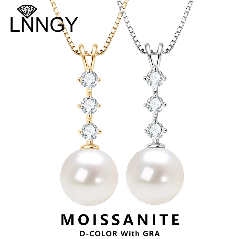 Lnngy 925 Silver Chains Original Certified Moissanite Necklace For Women 9.5-10mm Natural Freshwater Pearl Pendant Necklaces