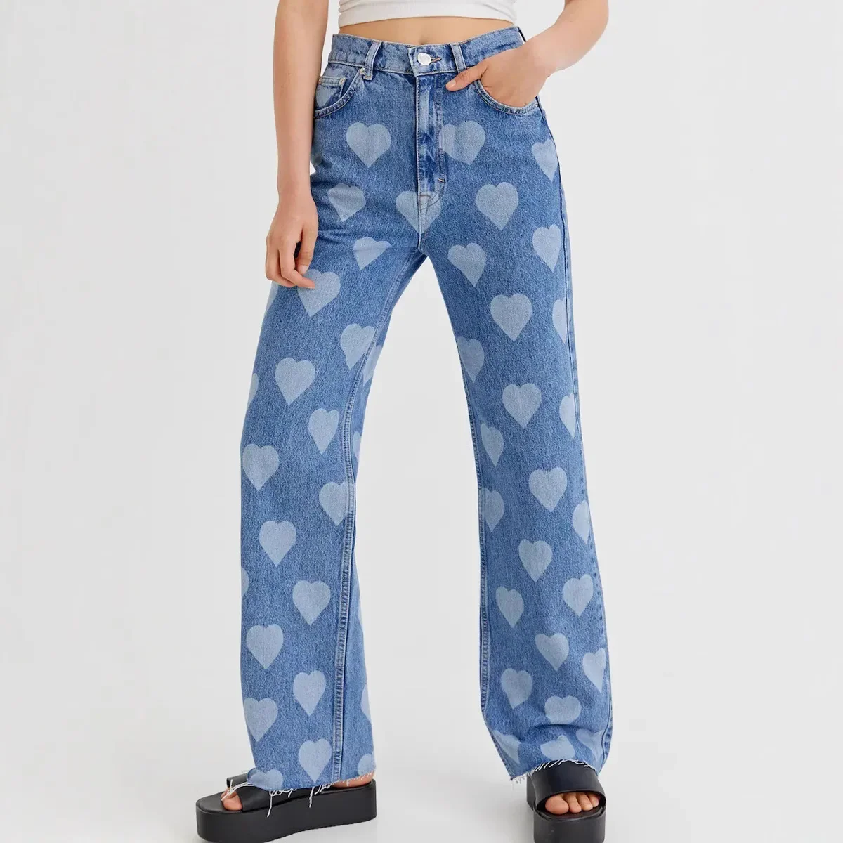 Straight Jeans For Women Print Ankle Length Trousers High Waist Washed Distressed Pockets Pants Female  Vintage Denims