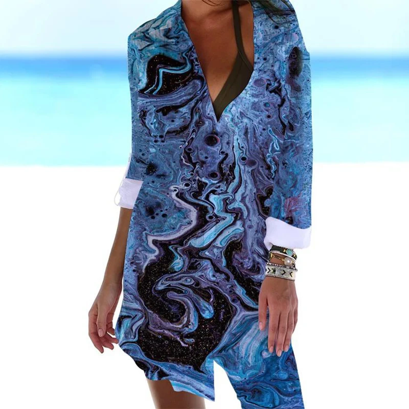 Summer new 3D abstract pattern printed shirt dress beach sexy shirt jacket shirt long sleeved women's long skirt vest