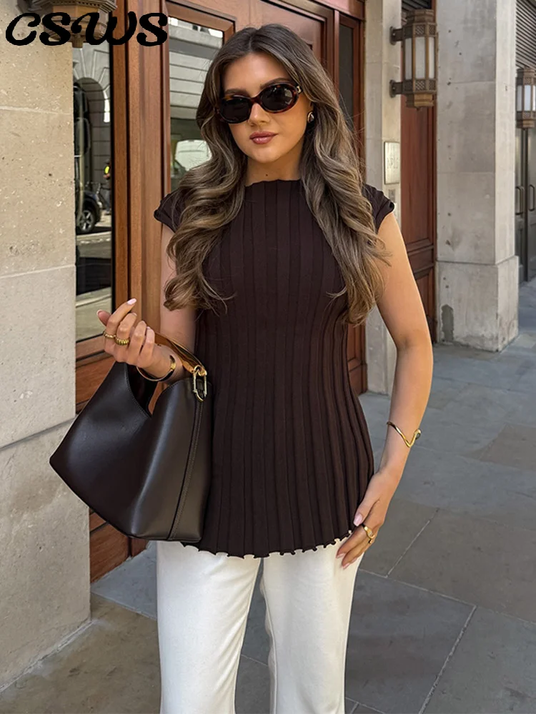 

Casual Pleated Solid Top Women Chic Loose O-neck Short Sleeve Long Tops Female 2025 Fashion Summer All-match Vest