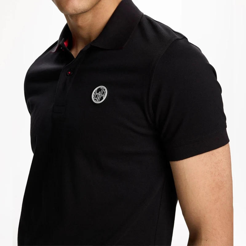 CH Rundhals-Poloshirt für Herren mit Gummi-Patch auf der linken Brust, Premium-Piqué, Kurzarm, klassische Passform, atmungsaktiv, für Büro und Alltag – Detail 7