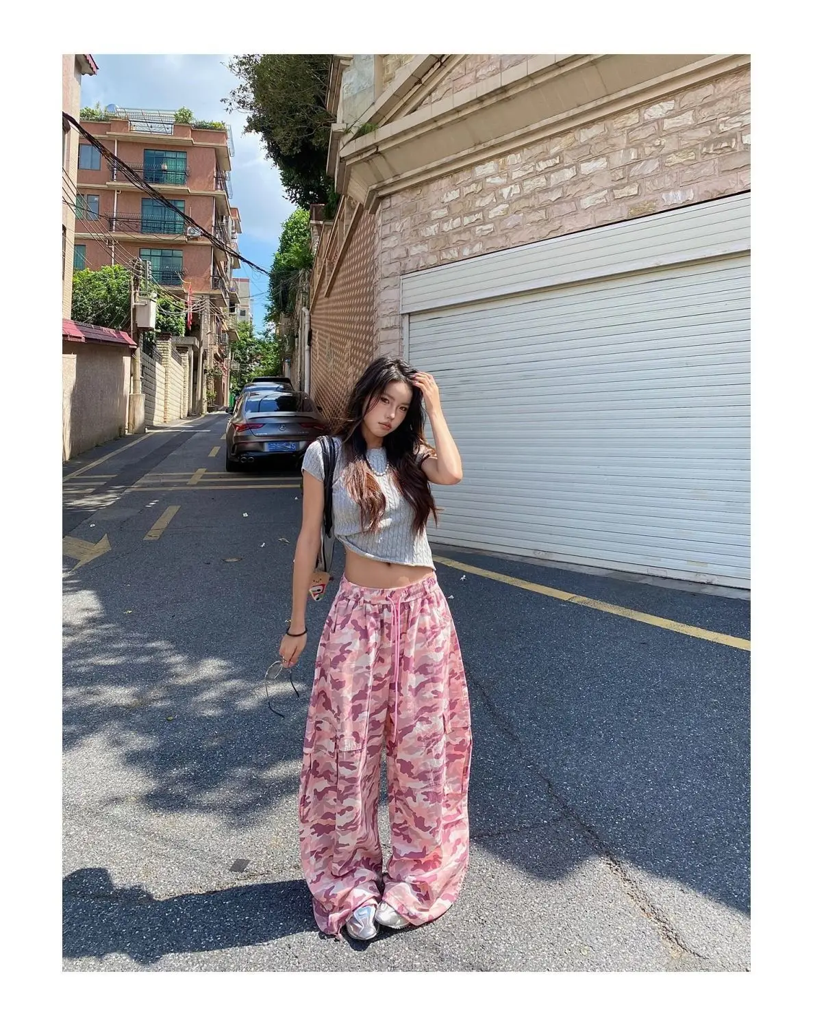 Pantaloni Cargo Americani Unici in Camouflage Rosa, Vita Alta, Gamba Larga, Casual Streetwear con Coulisse in Vita e Tasche Laterali, Stile Hip Hop e Danza