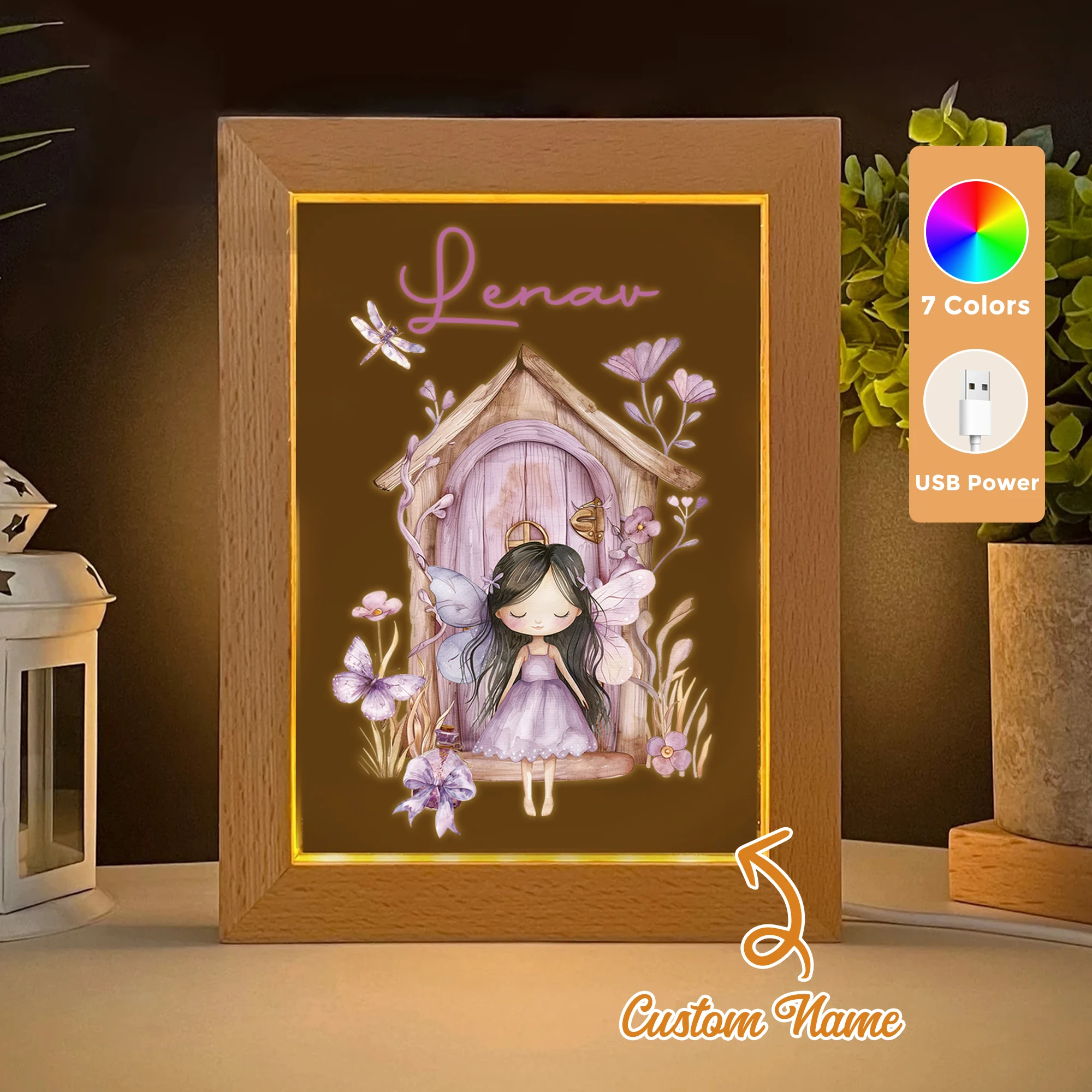 

2D Flat Custom Name Cabin Fairy LED Acrylic Night Light Wood Photo Frame 21x17cm Cartoon Children Bedroom Gifts Home Decor
