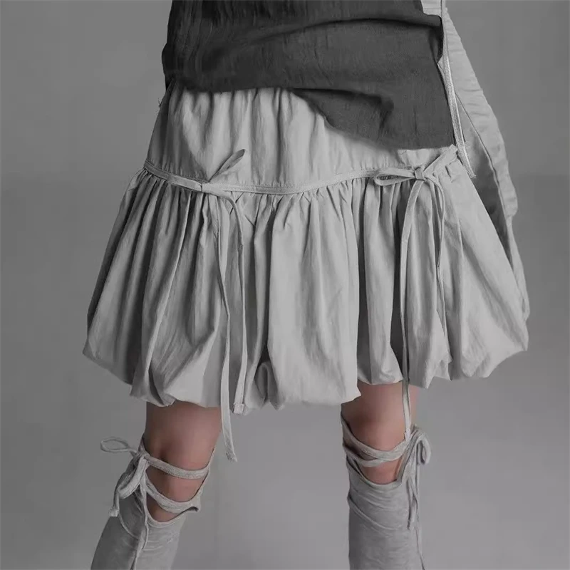 Korean Puff Balloon Skirt Elastic Waist Tie Sweet Cool Tulip Hem Mini Silhouette For Women Teens Street Casual Party Date Gift