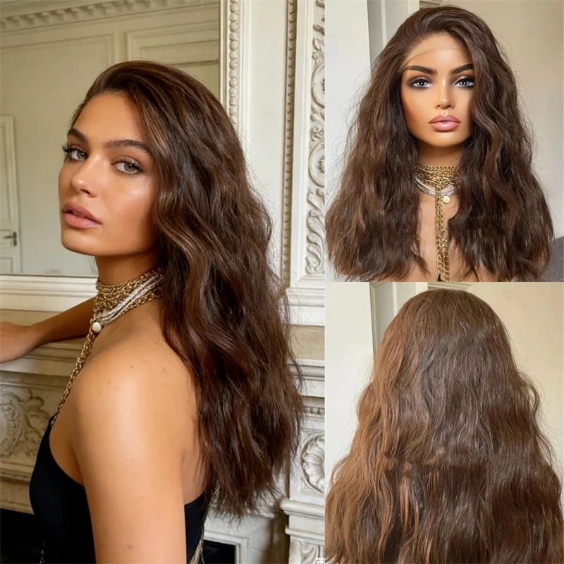 Free Part Chocolate Brown Highlights Synthetic HD Lace Front Wig Invisible Transparent Lace Heat Resistant Fiber Wig for Women