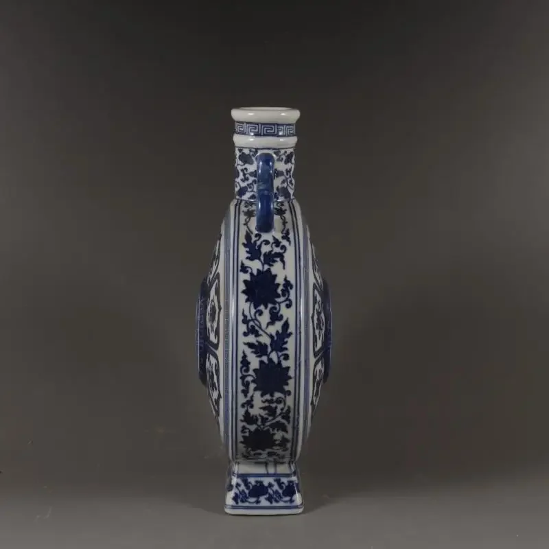 Qianlong-Chinese Classical Ceramic Vase Blue and White Eight Treasures Flat Vase Home Furnishing Porcelain Decoration, Ornaments