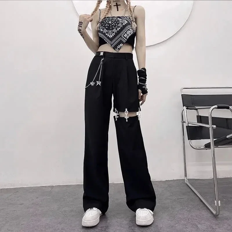 MEXZT Harajuku Hollow Out Wide Leg Pants Women Chain High Waist Straight Trousers Spring Hip Hop Streetwear All Match Trousers
