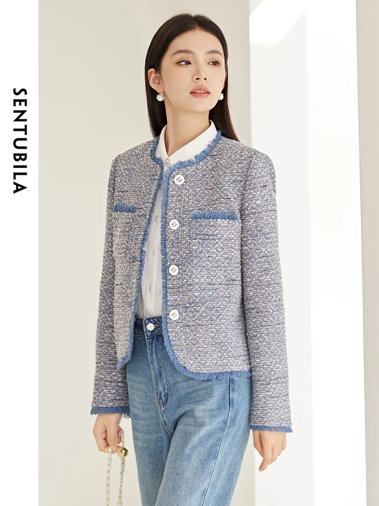 SENTUBILA Wool Blend Cropped Tweed Jacket Women 2024 Spring Round Neck Single Breasted Women\'s Coat Elegant Outerwear 141W52786