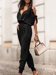 New Hollow Out Pencil Pants Loungewear Bodysuits Women Summer Solid Short Sleeve V-Neck Ladies Jumpsuits Streetwear Dropshipping