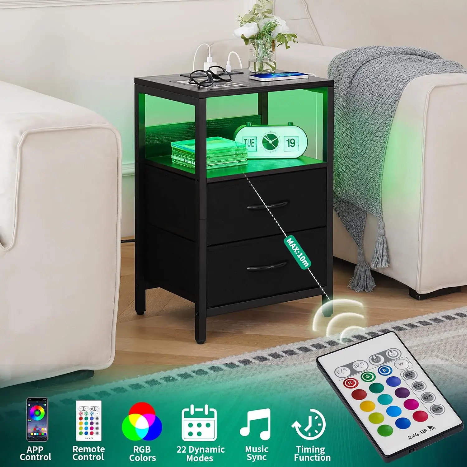 LED Nightstand with Charging Station, USB Ports & Outlets, Fabric Drawers & Shelf for Bedroom, Small Bedside Table, Easy Assembly view 5