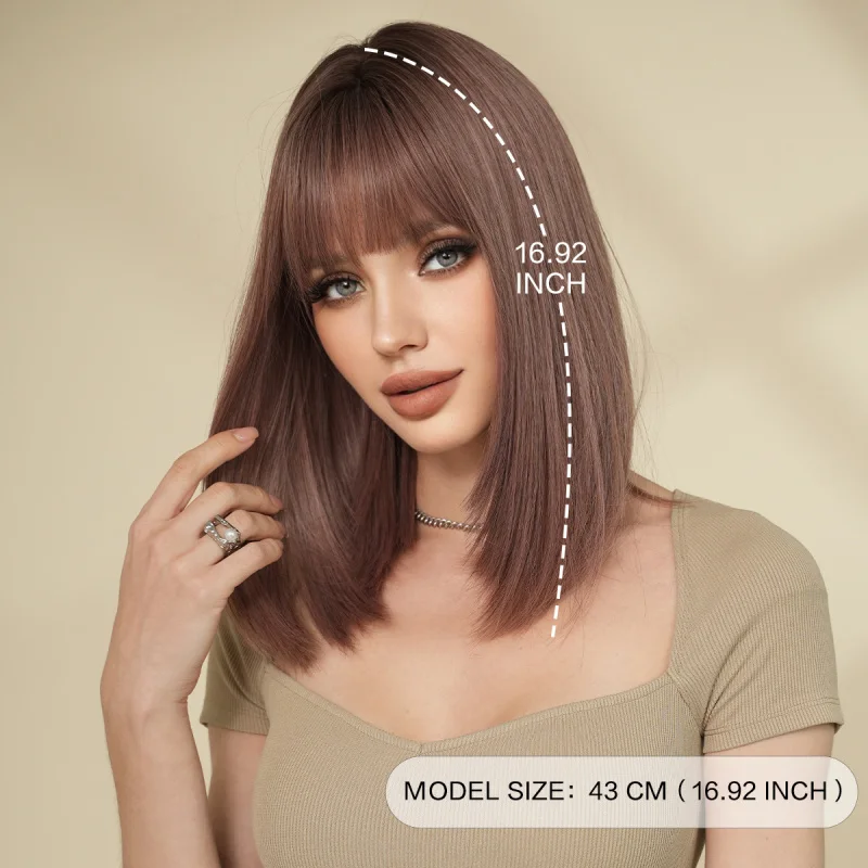 Grayish-purple wig for women, short straight hair, full headpiece with bangs, fashionable shoulder-length layered medium-long ha