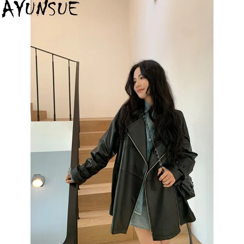 

AYUNSUE Women's Sheepskin Jackets Fashion Motorcycle Real Leather Jacket Mid-length Casual Black Outerwears Woman Clothes Casaco