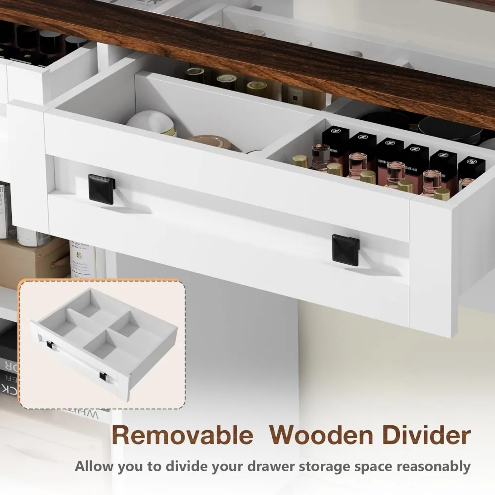 Vanity Desk con piano in vetro con specchio, luci e stazione di ricarica, con 3 cassetti e 3 armadietti per riporre oggetti