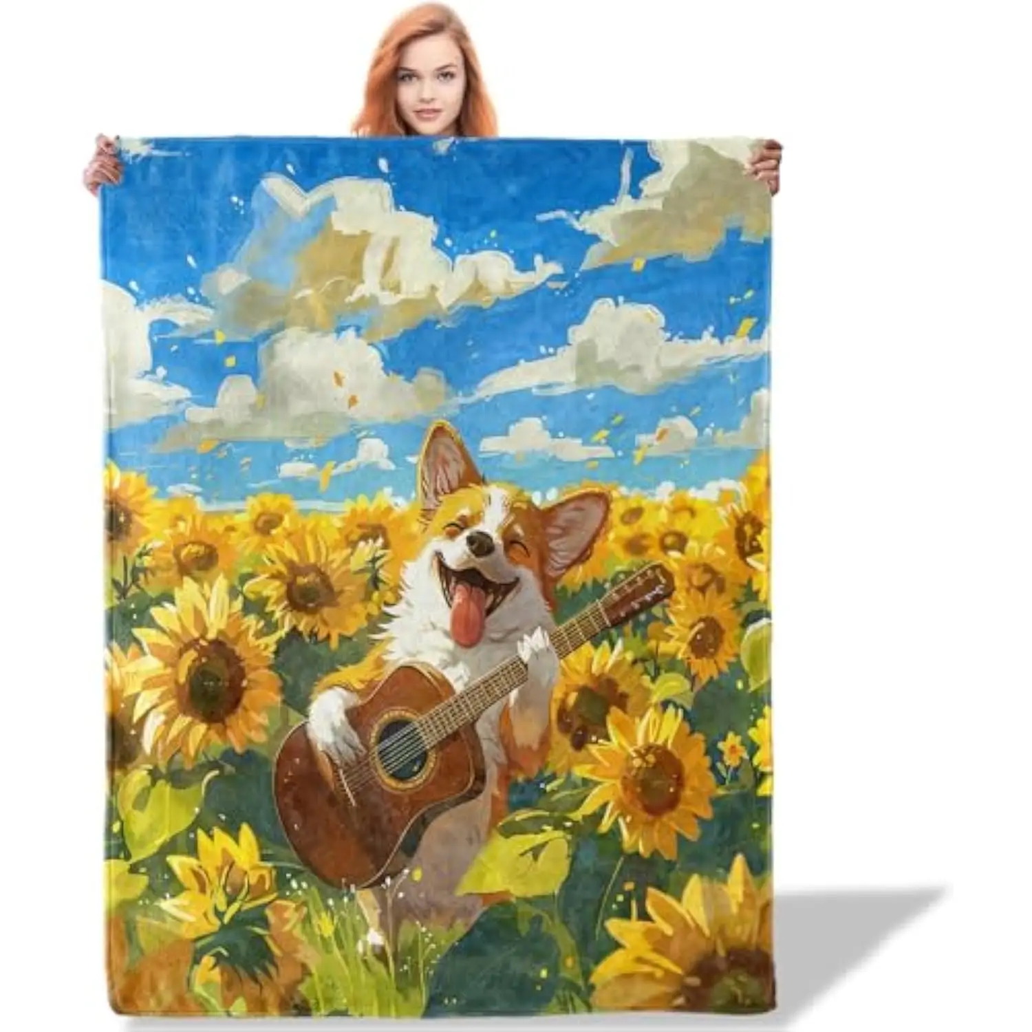 

Happy Corgi Playing Guitar in Sunflower Field Flannel Throw Blanket Soft Cozy Art Print Lightweight Home Decor
