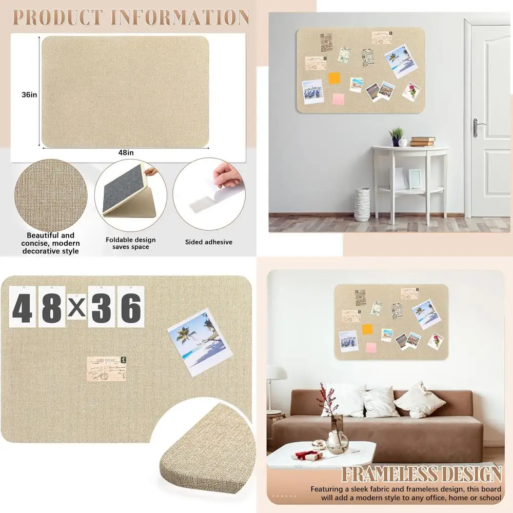 

Brown Linen Fabric Wall Bulletin Board - 48x36 Inches, Frameless, Easy Install for Home or Office