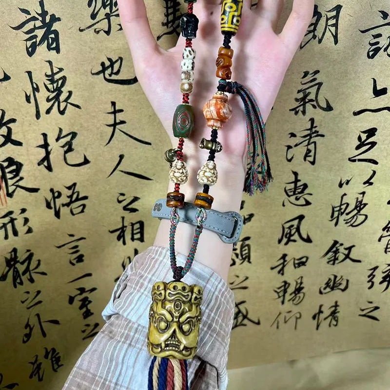 Tibetan-Style Bone-Handled Multi-Gemstone Agate Dzi Bead Necklace, Accessory, Pendant