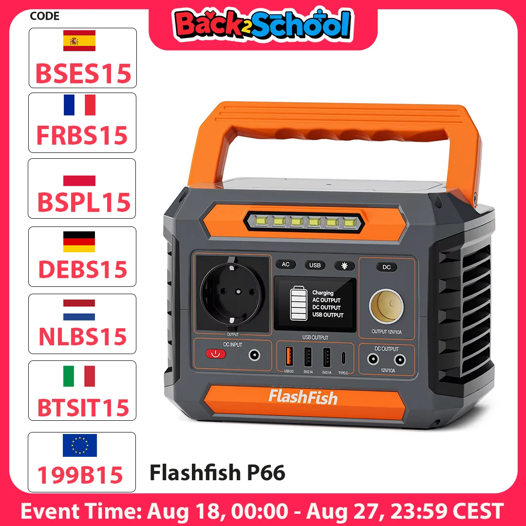 Flashfish P66 centrale elettrica portatile, generatore da esterno 300W 230.88Wh, 8 prese, USB-C QC3.0, onda sinusoidale pura, ricarica solare