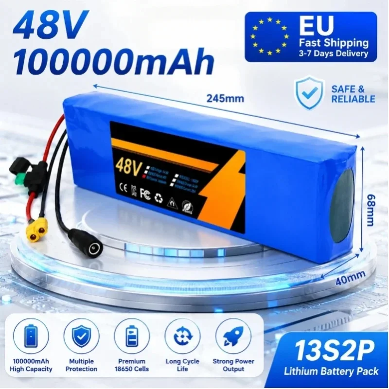 48V 100Ah 100000mAh Lithium-Akkupack 13S2P 18650 Wiederaufladbarer Akku mit Smart BMS für 250W 350W 500W 750W 1000W Elektrofahrrad Roller DIY Stromversorgung Kostenloses 54.6V Ladegerät