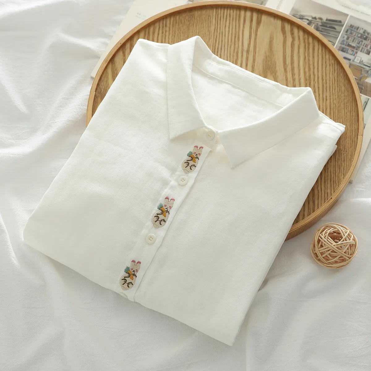 New Summer Cotton Yarn Casual Shirt Women Lapel 3/4 Sleeve Embroidery Tops Girl Loose Sweet Fashion Blouses 2024 Autumn T45830QC