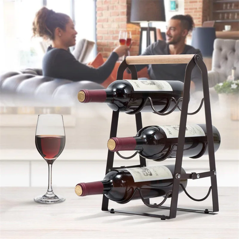 Desktop Red Wine Rack Wine Storage Shelf Creative Combination of Iron and Wood Foldable Red Wine Rack