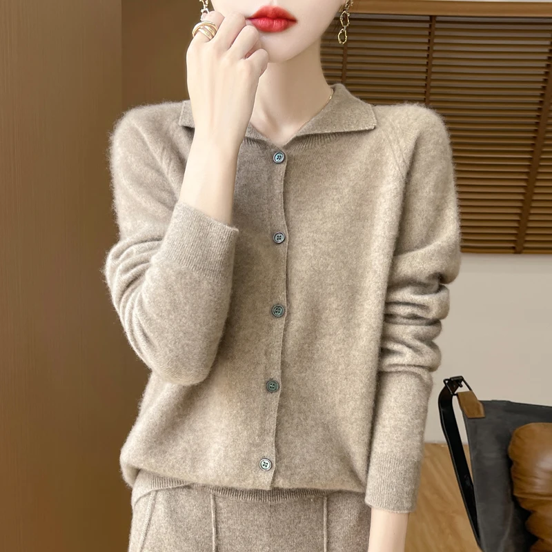 24 autumn and winter new cashmere sweater women\'s sweater 100% merino wool fashion lapel autumn warm cardigan top