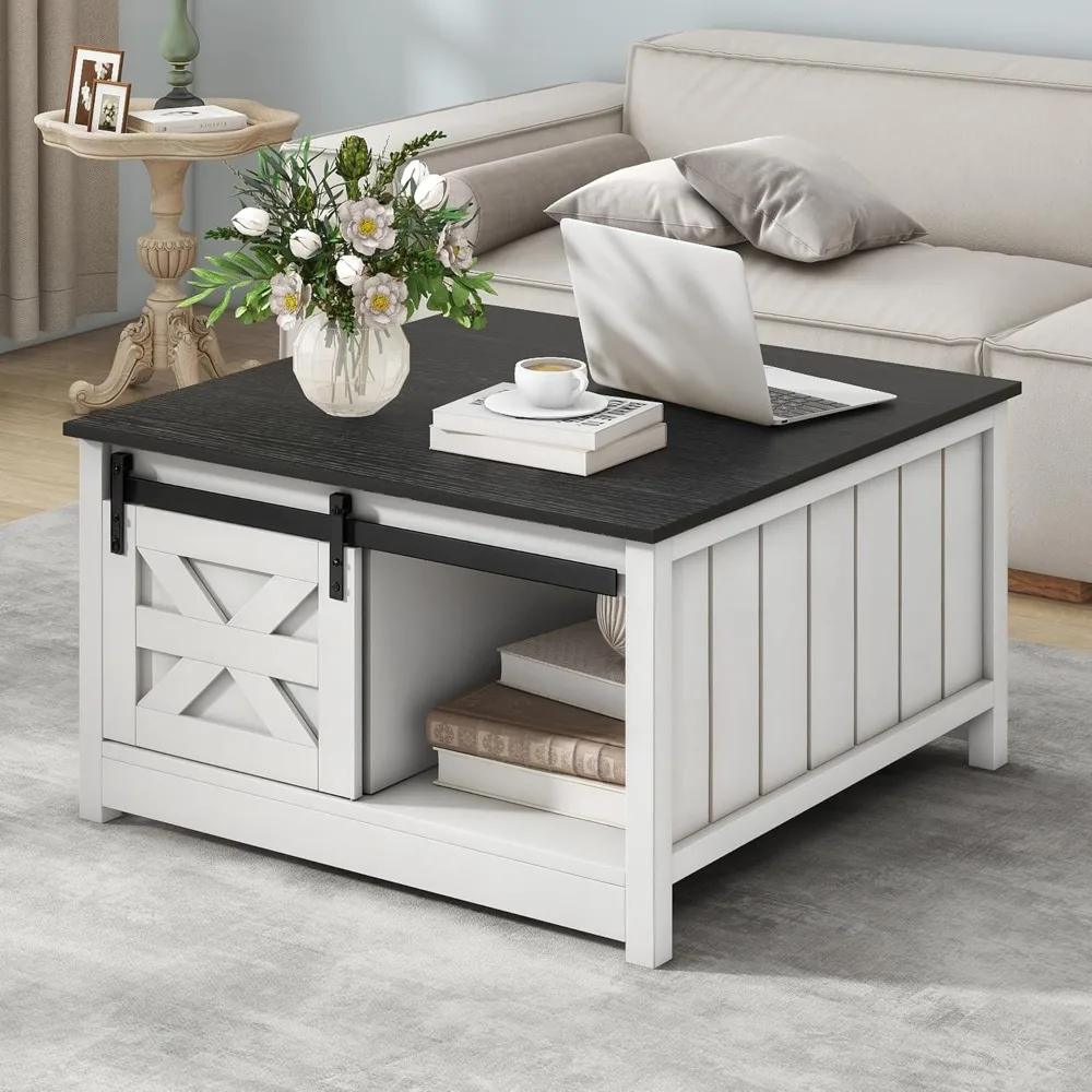 

Farmhouse Storage Coffee Table: Wooden Square Center Table with Sliding Barn Door, Small Coffee Table with Half Open Storage fo