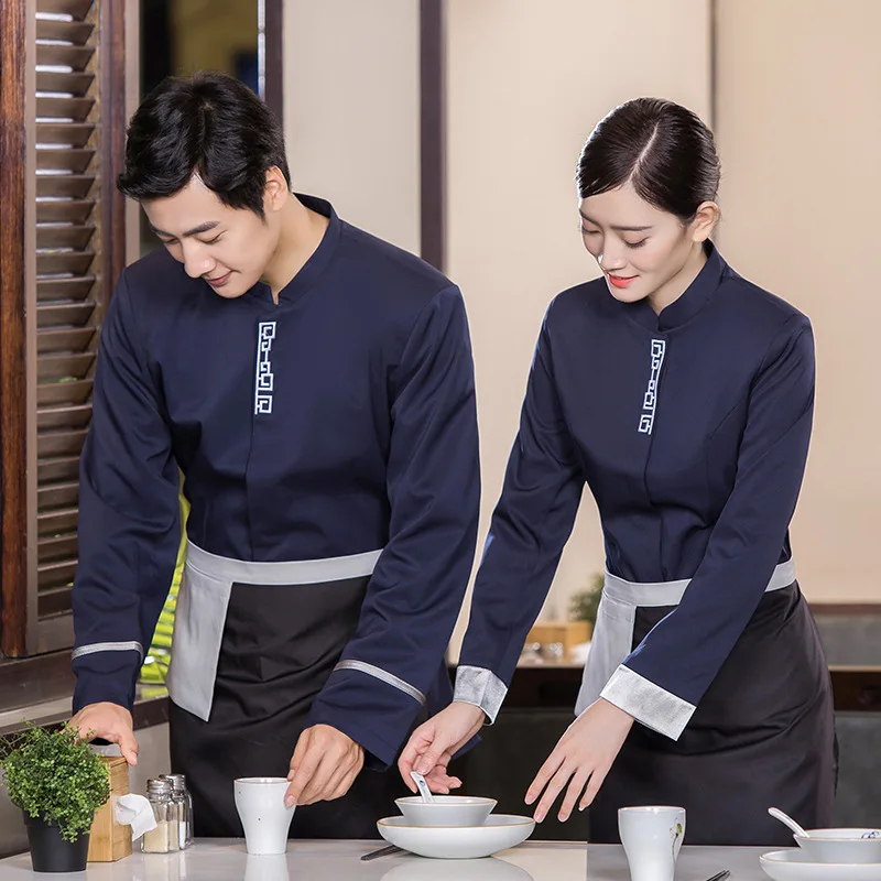 ホテル作業服秋冬女性鍋レストランバーベキューレストラン茶室中国風ウェイター長袖ユニセックス