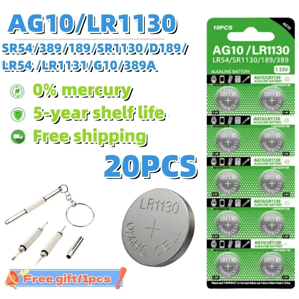 20PCS AG10 LR1130 Button Batteries 1.55V SR54 389 189 SR1130 D189 LR54 G10A SR1130SW Cell Coin Watch Toys Remote Battery