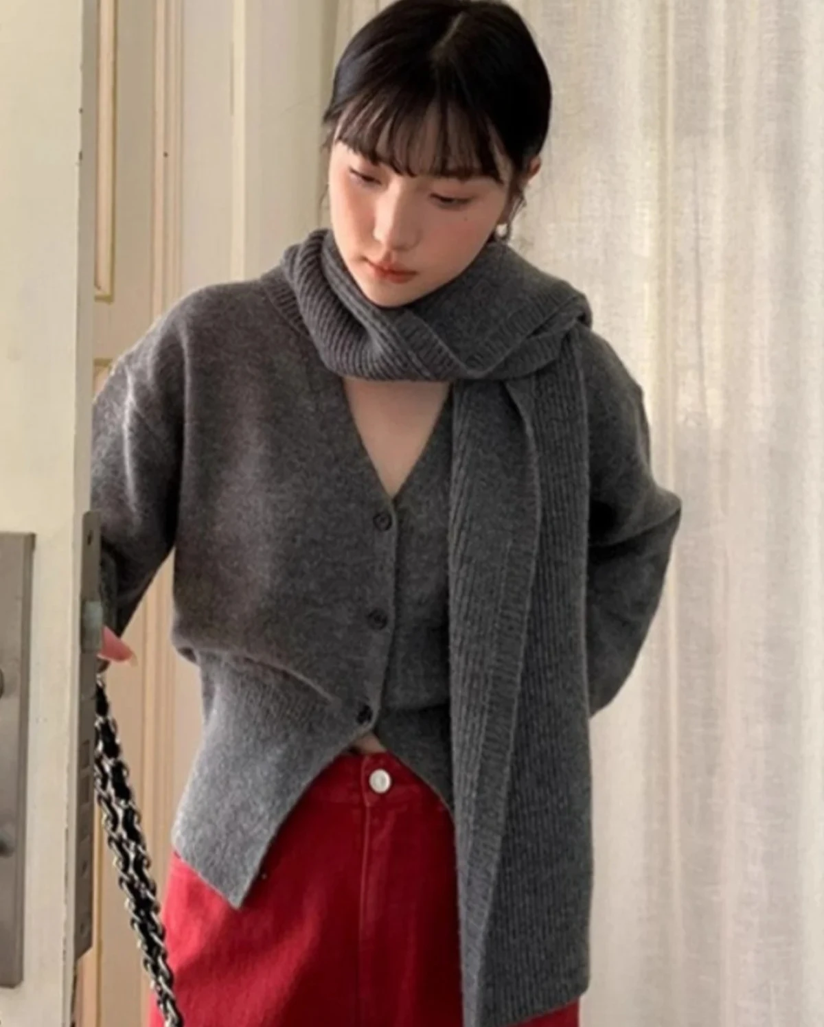 Koreaanse Sle Sweater Vest Lang Sve Dunne gebreide bovenkleding met sjaalkraag Loose Fit Herfst Winter Tweedelige set Dames...