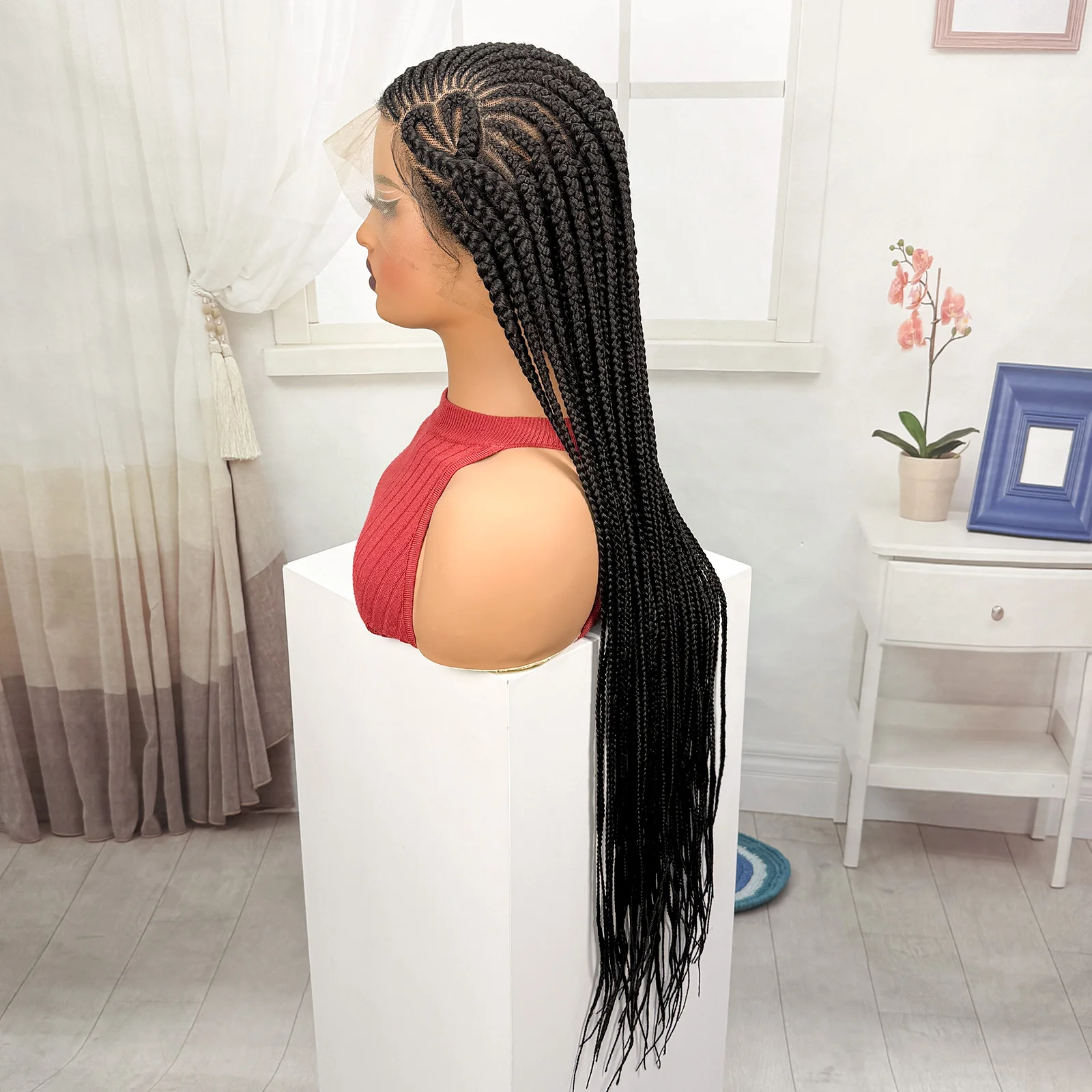 36inch Full Lace Natural Cornrow Braided Wigs Synthetic Braiding Hair Wigs Box Braided Lace Wigs with Baby Hair for Black Women