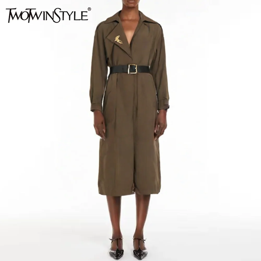 

TWOTWINSTYLE однотонные темпераментные тренчи с блестками для женщин, Тренч с длинными рукавами и лацканами, лоскутные карманы, женская одежда, новинка