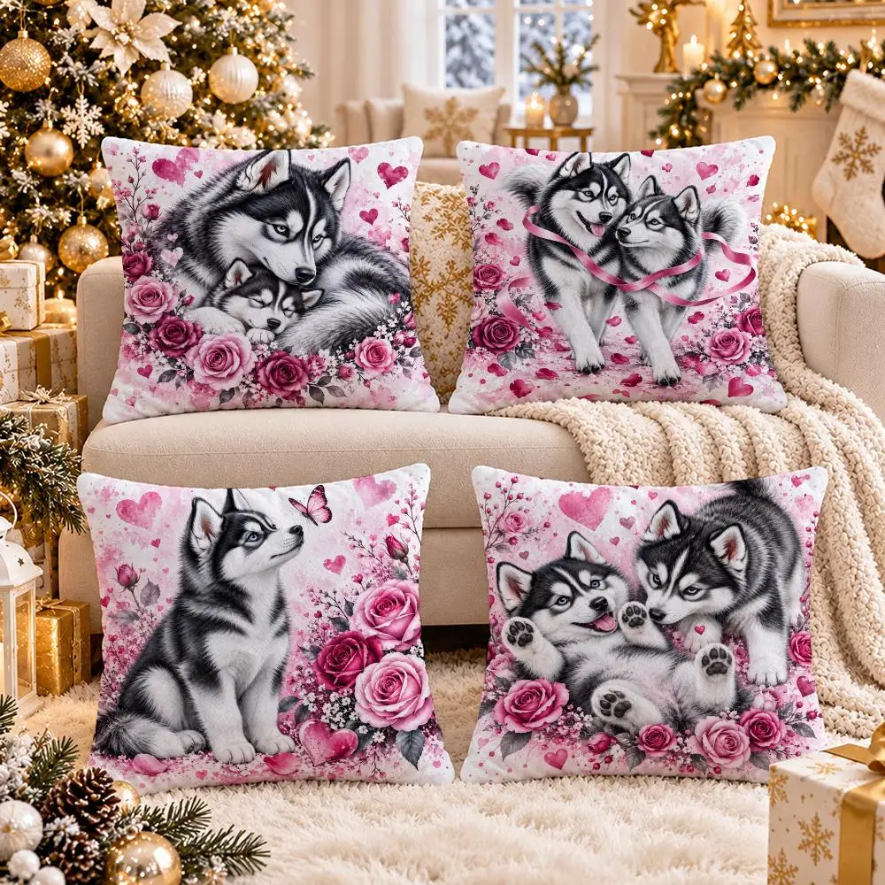 Husky Rose Affection Cushion Cover 1/4Pcs Soft Plush Cushion Case Throw Pillowcase Cozy Home Sofa Bed Living Room Decor