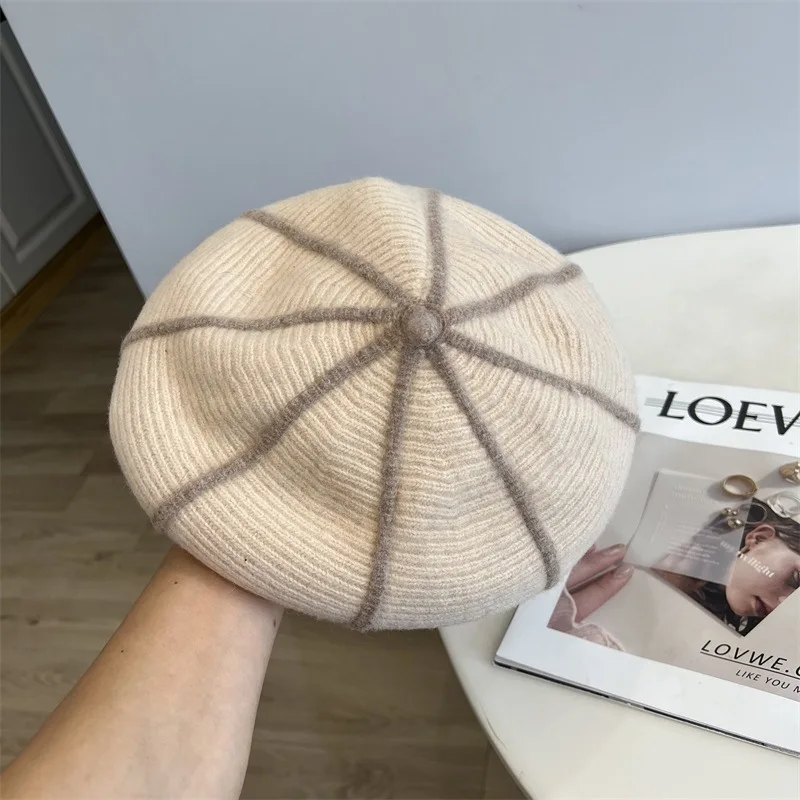 Neue Herbst Winter Baskenmütze Hut Für Frauen Achteckige Kappe Designer Top Qualität Wolle Weiche Warme Gestreiften Beste Abgestimmt Künstler Hut Geschenk – Detail 14