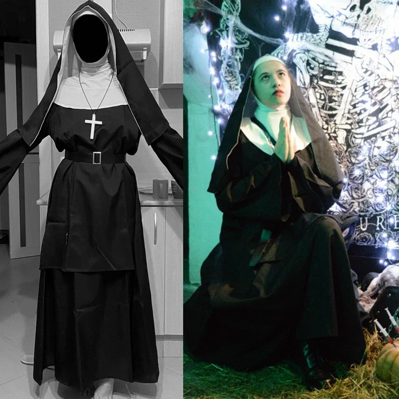 Kostium zakonnicy na Halloween dla kobiet ubierają przerażające sukienki Cosplay Mary priest