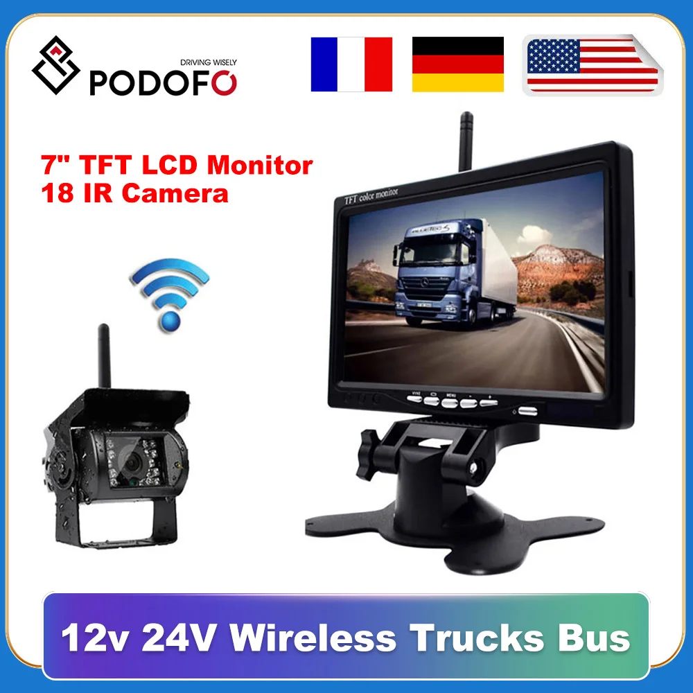 

Podofo 12V 24V Wireless 7" HD LCD Vehicle Backup Rear View Camera Monitor + Car Charger For Trucks Bus RV Trailer Excavator
