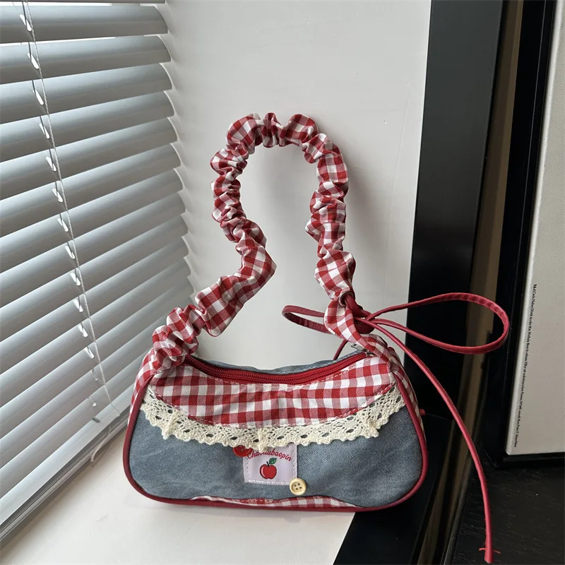 

Y2K Лолита сумка для девочек кошелек милая кружевная лента растягивающаяся сумка на одно плечо подмышки консервативный стиль студенческая сумка для поездок на работу