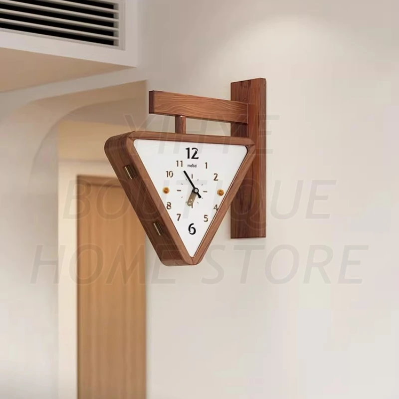 

Solid Wood Double-Sided Triangle Wall Clock - Original Corner Hanging Timepiece for Living Room (Minimalist Silent Design)
