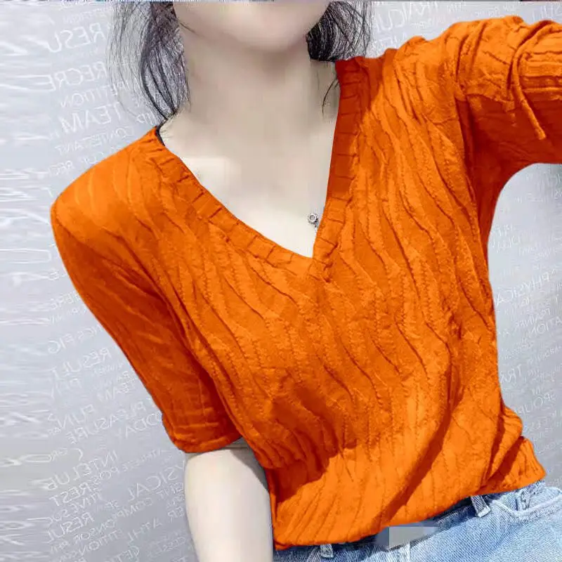 Fashion V-Neck Korean Solid Color Folds T-Shirt Women\'s Clothing 2024 Summer New Slim Knitted Casual Tops Office Lady Tee Shirt